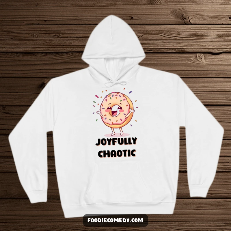 Funny donut hoodie featuring a happy character gleefully juggling colorful sprinkles, perfect for staying warm and spreading joy.