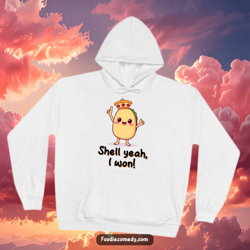 Funny hoodie displaying a gleeful kawaii taco character in a victory dance pose, wearing a miniature sombrero, for ultimate comfort.