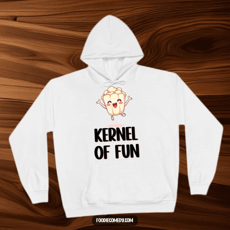 Funny hoodie with an excited popcorn kernel doing a playful leap, offering cozy and energetic humor.