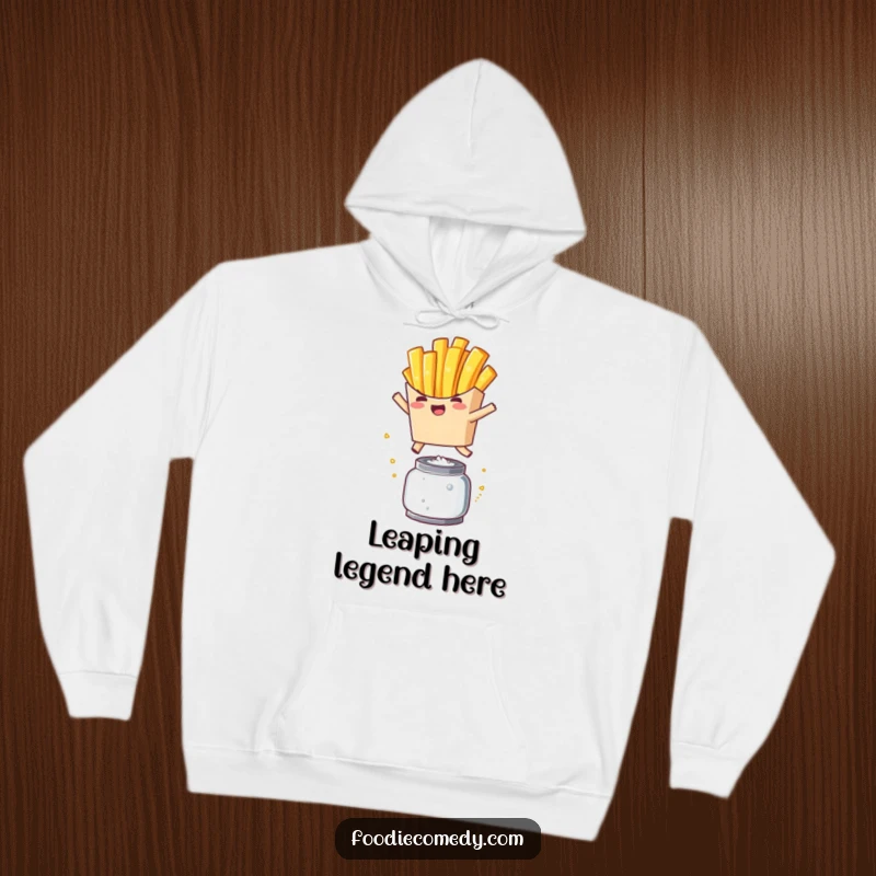 Funny French Fry Leap Hoodie: Adorable kawaii fry mid-jump over a salt shaker, designed for cozy, humorous wear.