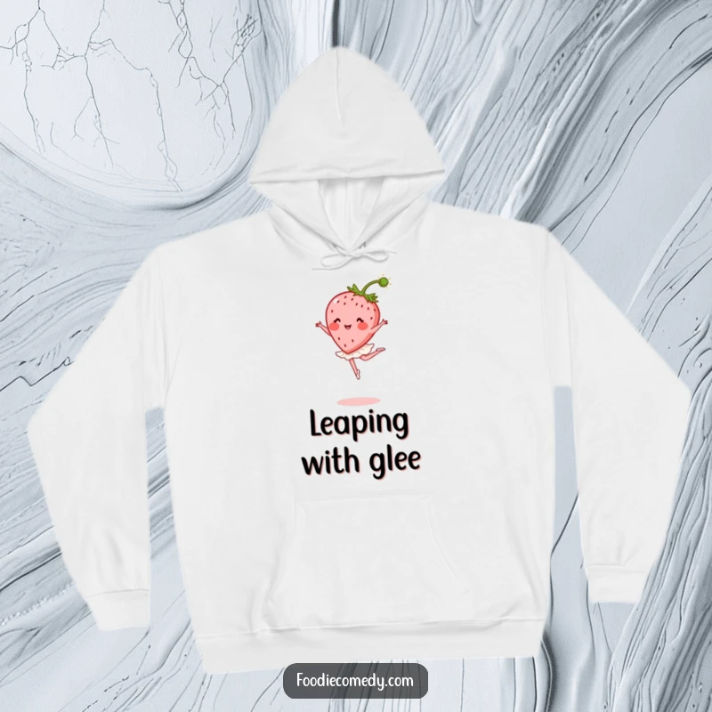 Funny Strawberry Ballet Hoodie: A soft hoodie featuring a charming strawberry ballerina mid-leap, stem as a decorative plume.