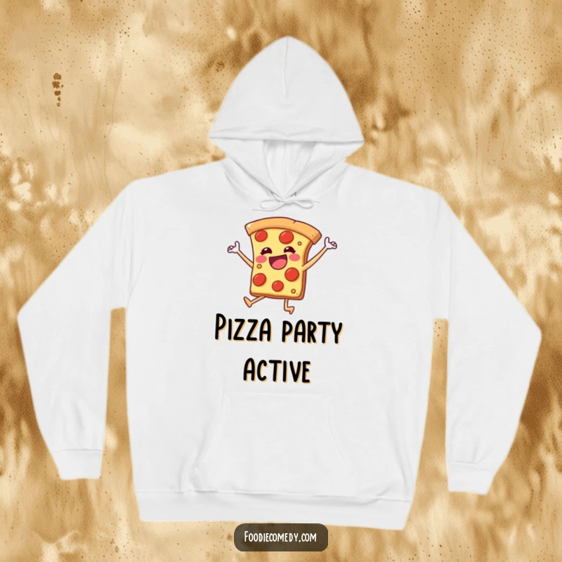 Funny hoodie featuring a pizza slice with legs kicking joyfully, offering cozy comfort and energetic, humorous vibes.