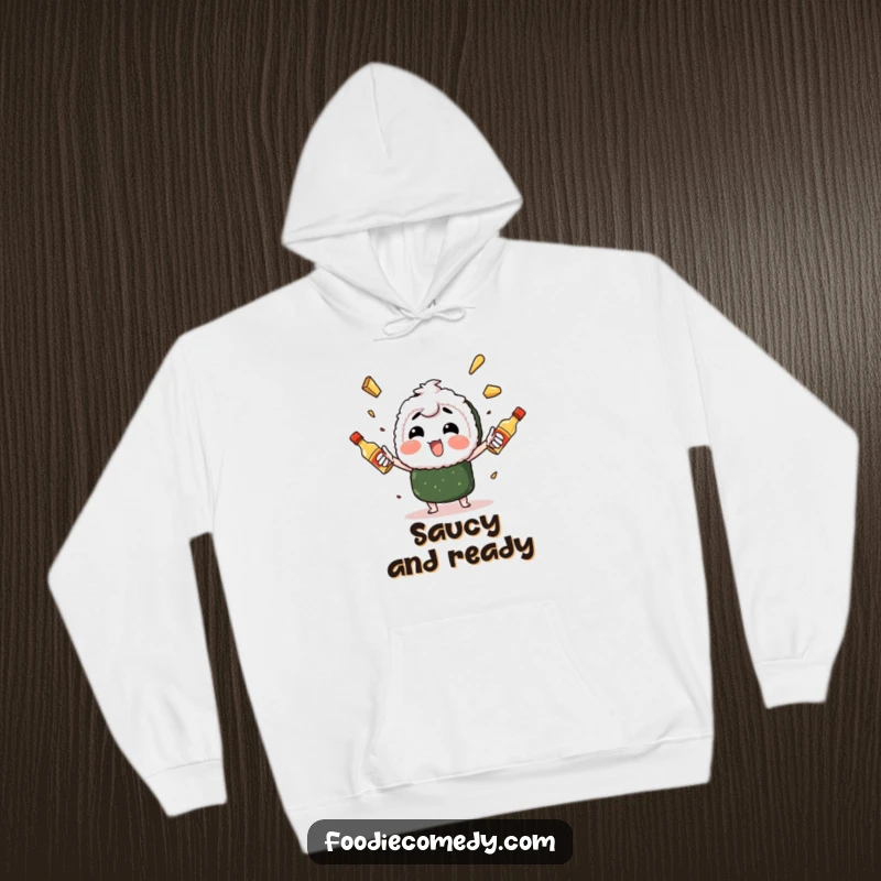 Funny sushi character enthusiastically juggling spicy mayo bottles, a cozy hoodie featuring a culinary performer with a flair for flavor.