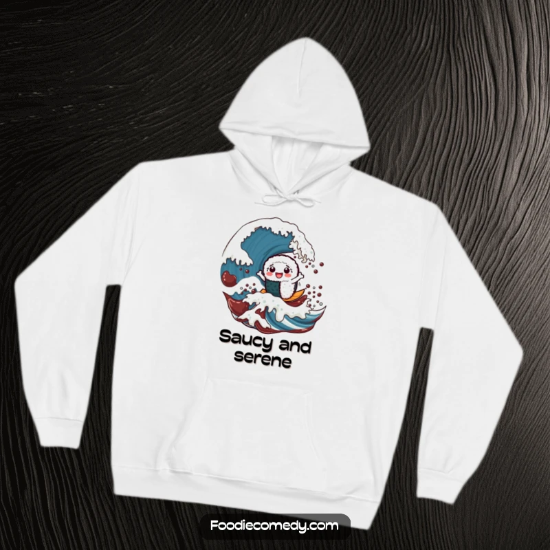 Funny hoodie with a cheerful sushi roll character surfing a giant soy sauce wave, perfect for cozy culinary adventures.