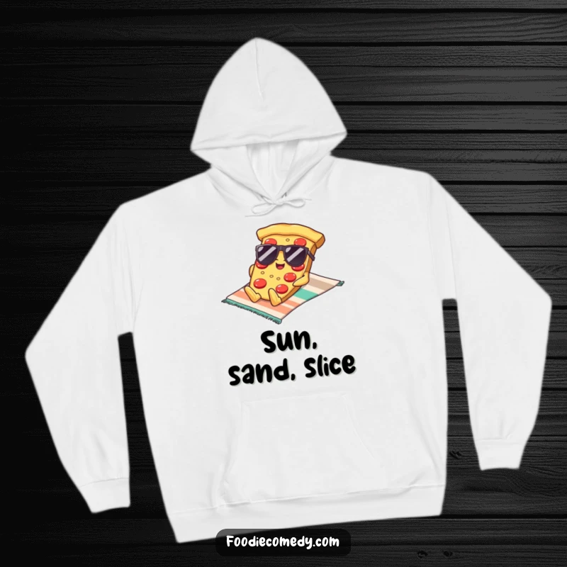 Funny Kawaii Pizza Sunglasses Hoodie: A warm hoodie showing a pizza slice with sunglasses lounging coolly on a beach towel, perfect for humorous comfort.