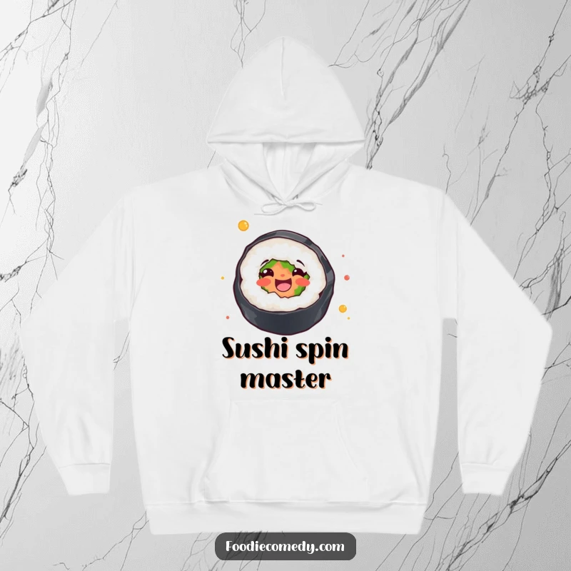 Funny hoodie featuring a sushi roll spinning with abandon, offering warmth and a playful, humorous element.