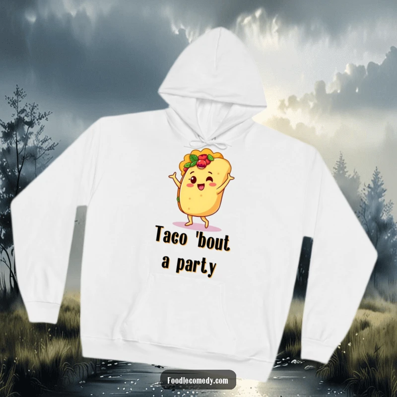 Funny hoodie showcasing a jubilant taco character in a dynamic salsa dance pose, perfect for chilly days.