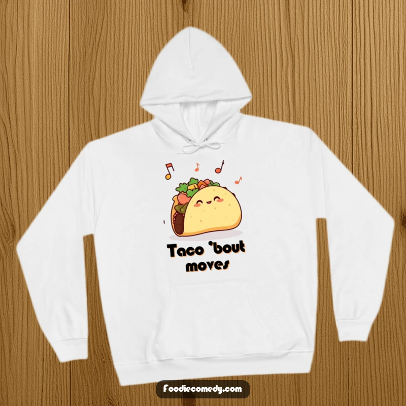 Funny taco hoodie with a taco shell jiggling to music, offering cozy and humorous wearability.