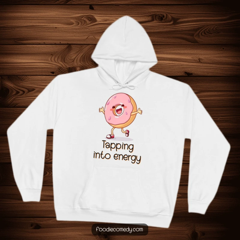 Funny donut hoodie, cheerful donut character tap dancing, comfortable and warm streetwear.