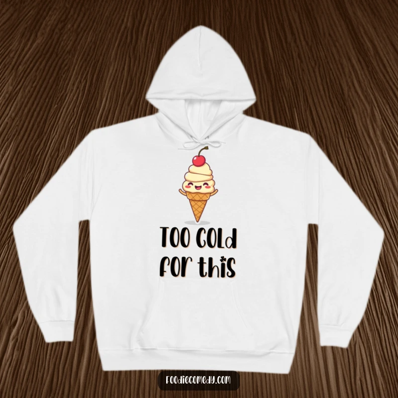 Funny ice cream cone hoodie, a giggling character with a cherry on top, spinning joyfully, perfect cozy apparel.