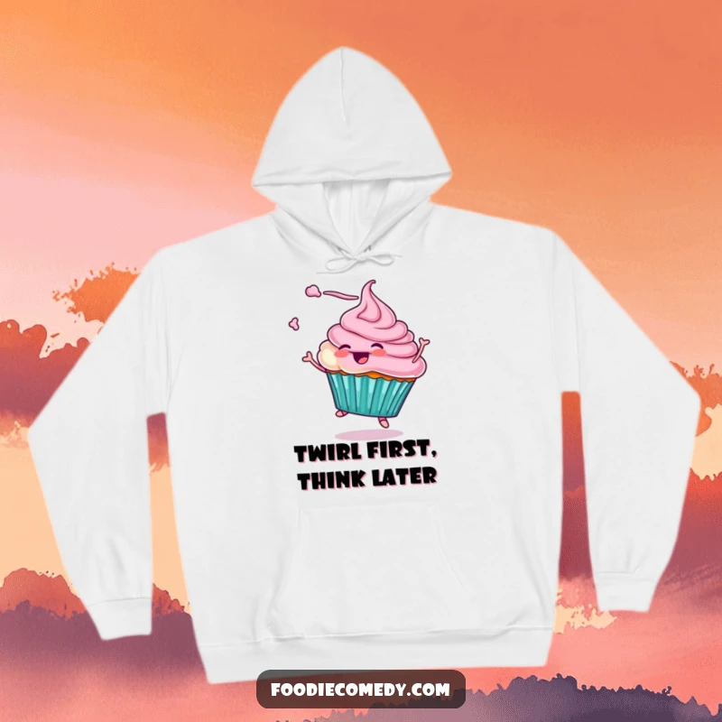 Funny hoodie featuring a cupcake character twirling with frosting flying, offering warmth and a dose of pure, sweet fun. A great gift for bakers.