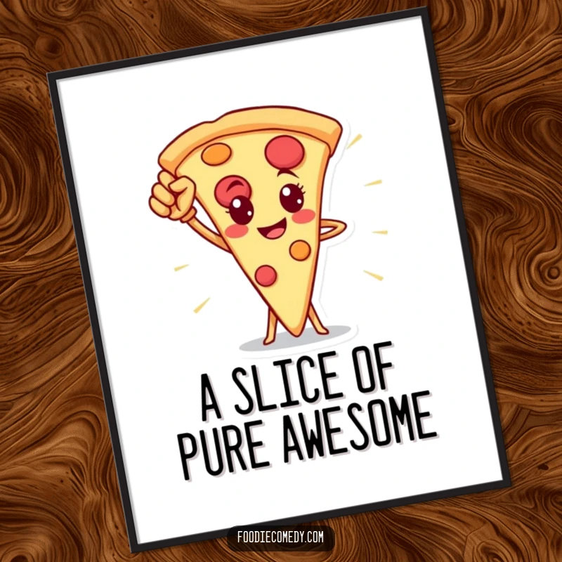 Funny Free Printable Wall Art of a pizza slice striking a heroic pose, perfect for kitchen decor.