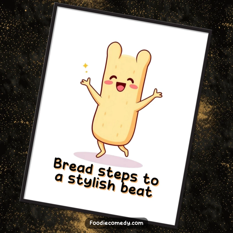 Funny free printable wall art: A beaming baguette performs an energetic Charleston, adding a touch of retro joy to any wall.