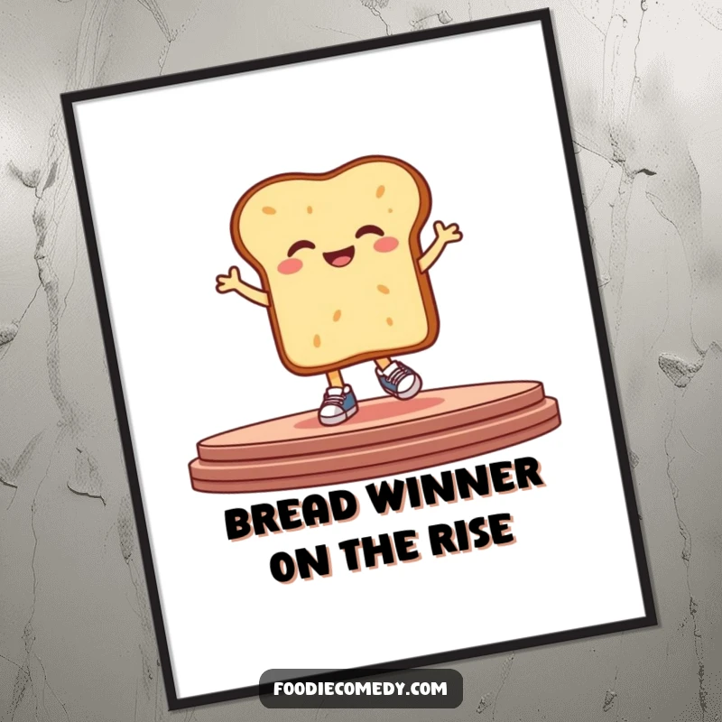 Funny Free Printable wall art of a giggling bread character wearing tiny sneakers, hopping on a stage.