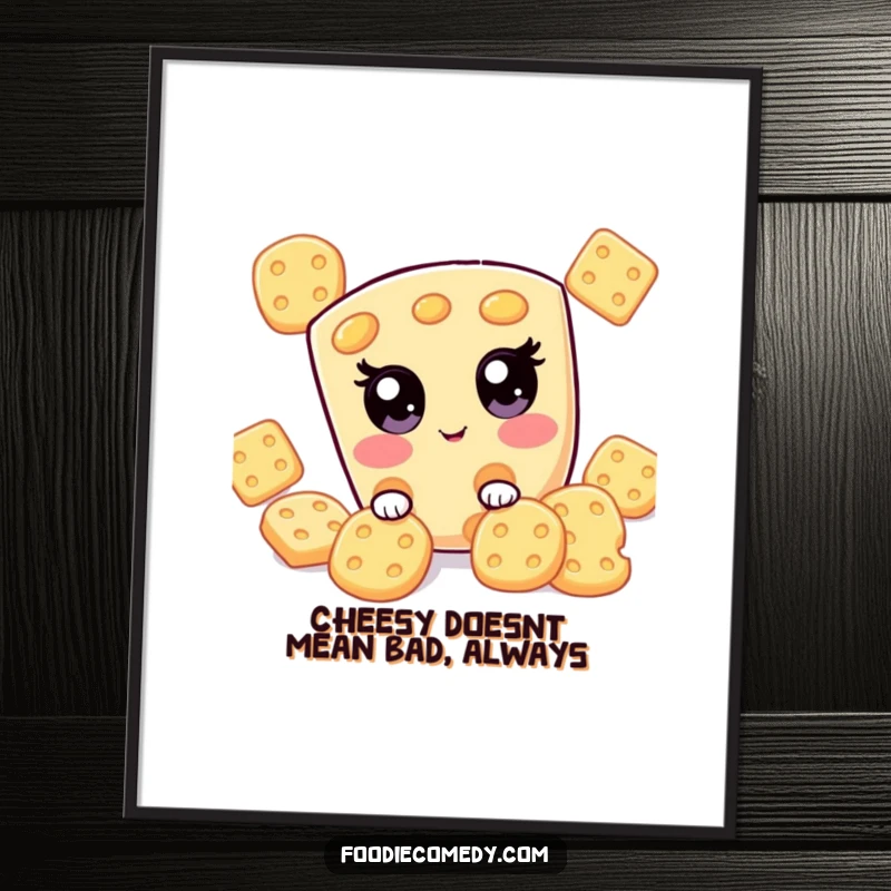 Funny Free Printable Wall Art: Adorable kawaii cheese slice peeking from behind crackers, adding a humorous touch to decor.