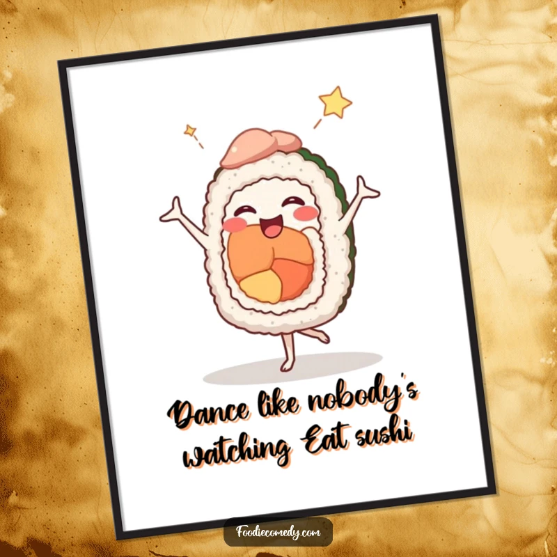 Funny Free Printable Wall Art: A joyful sushi roll dynamically poses in a comedic ballet stance, adding quirky charm.