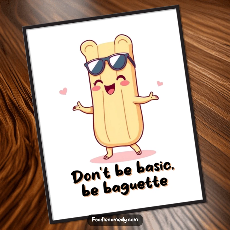 Funny Free Printable Wall Art: Delighted baguette grooving with a shimmy, full of culinary charm. A humorous and stylish decorative piece.