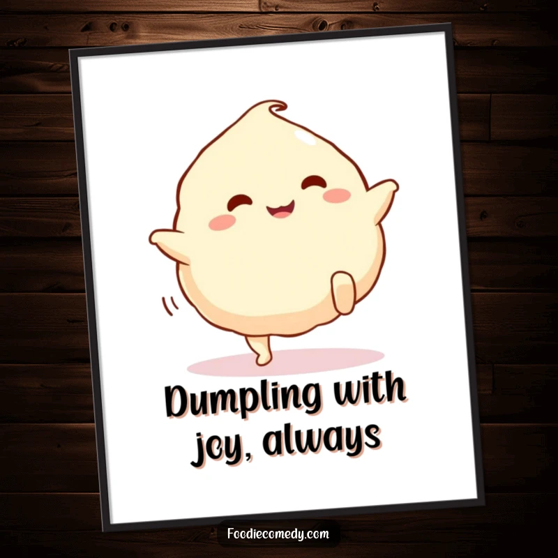 Funny Free Printable Wall Art of a dumpling with legs doing a happy, energetic kick.