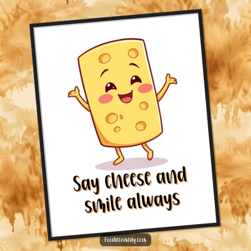 Funny Free Printable Wall Art: Smiling cheese wedge doing a fun, quirky jig, a delighted dairy character dancing with joy.