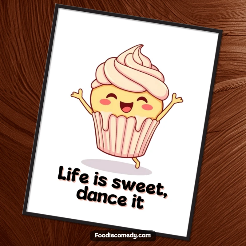 Funny Free Printable Wall Art of a cheerful cupcake with frosting dripping down, caught mid-jig with infectious happiness.