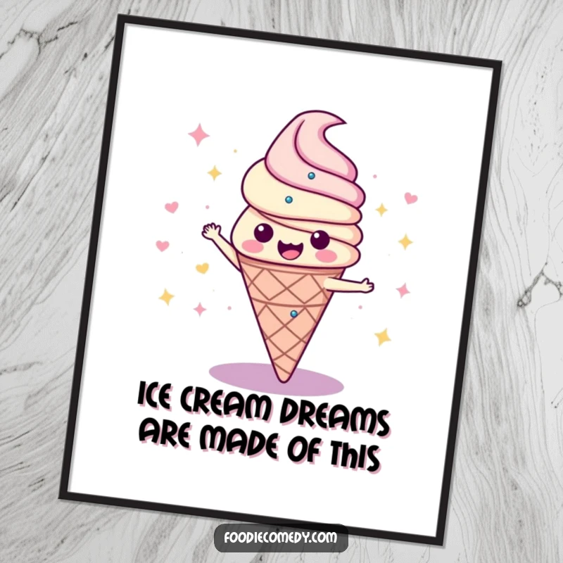 Funny Free Printable Wall Art: A vibrant ice cream cone mid-disco spin, radiating retro cool and fun.