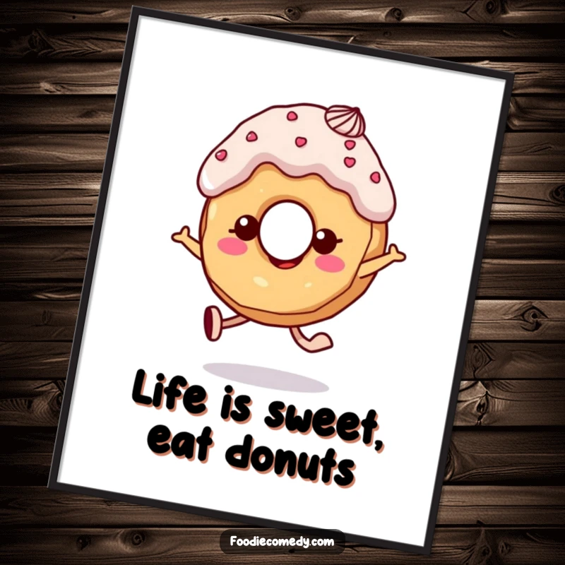 Funny free printable wall art of a cheerful donut character with frosting hair skipping joyfully, radiating happiness.