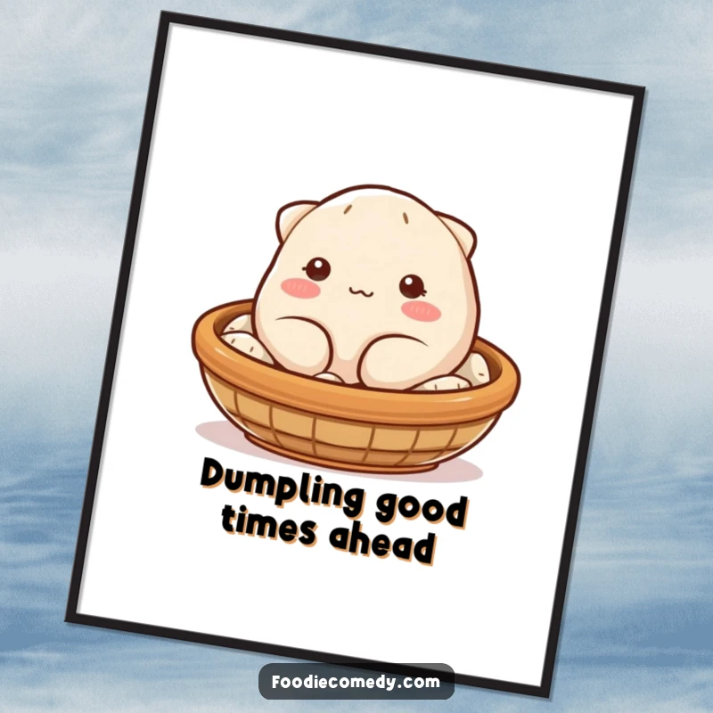 Funny Free Printable wall art of a plump, blushing dumpling winking from a steaming basket, perfect for kitchens.