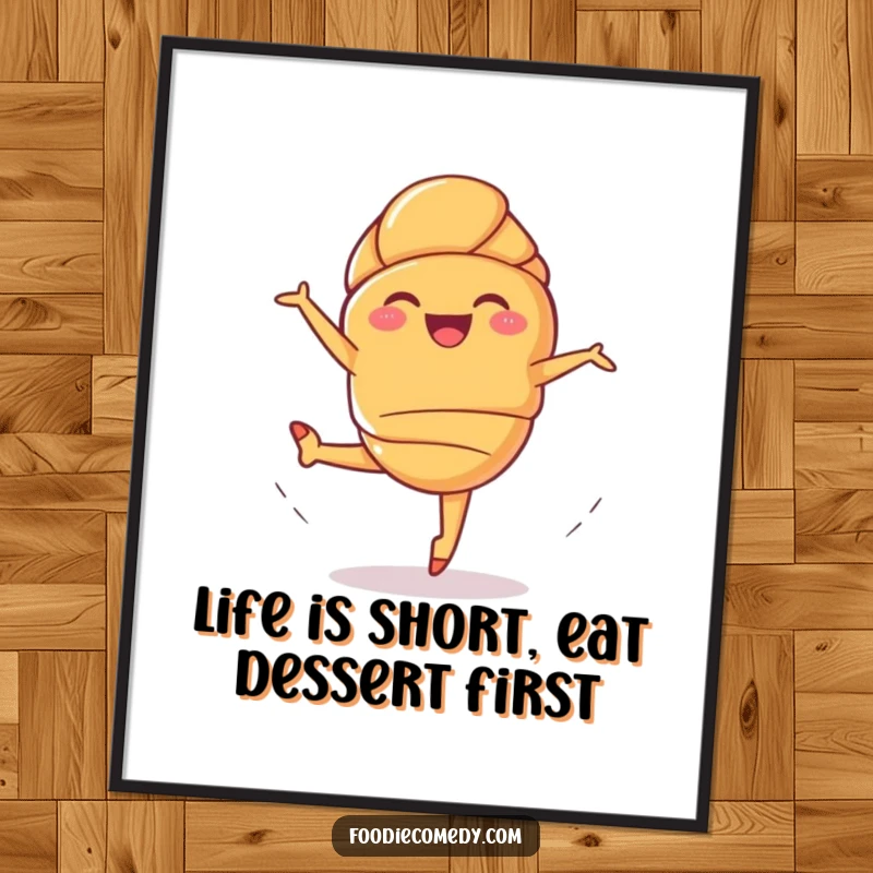 Funny Free Printable Wall Art: Giggling croissant performing a whimsical ballet leap, a joyful pastry in mid-air, perfect for kitchen decor.