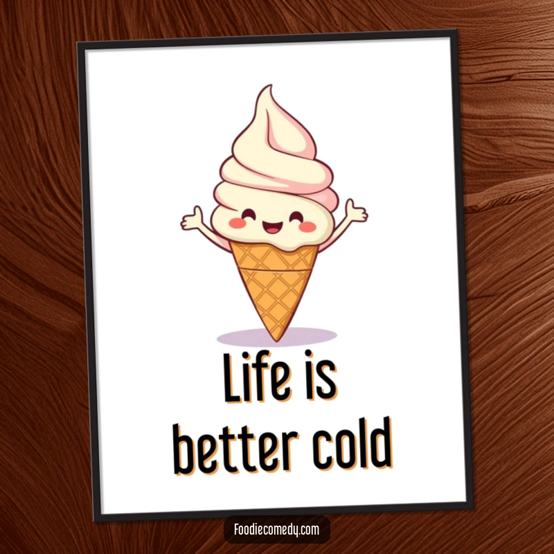 Funny Free Printable Wall Art: A happy ice cream cone doing a cheerful boogie, radiating fun and sweetness.