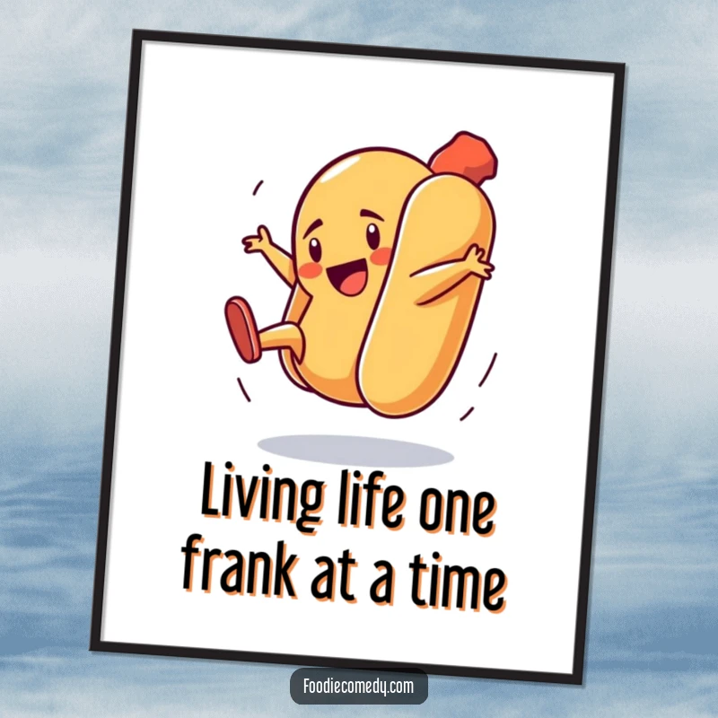 Funny Free Printable Wall Art: A hot dog in a bun busting energetic breakdance moves with flair.