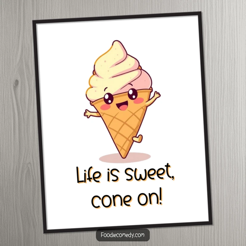 Funny Free Printable wall art of a happy, round ice cream cone with bright eyes doing a cartwheel.