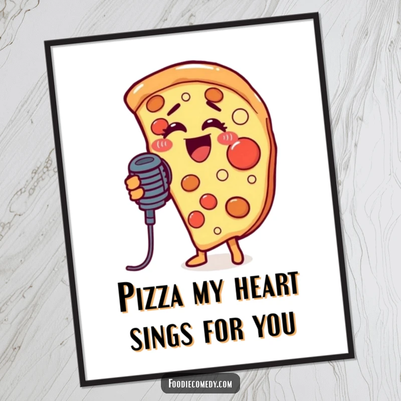Funny Free Printable Wall Art: A cheerful pizza slice holding a microphone, passionately singing with joy.