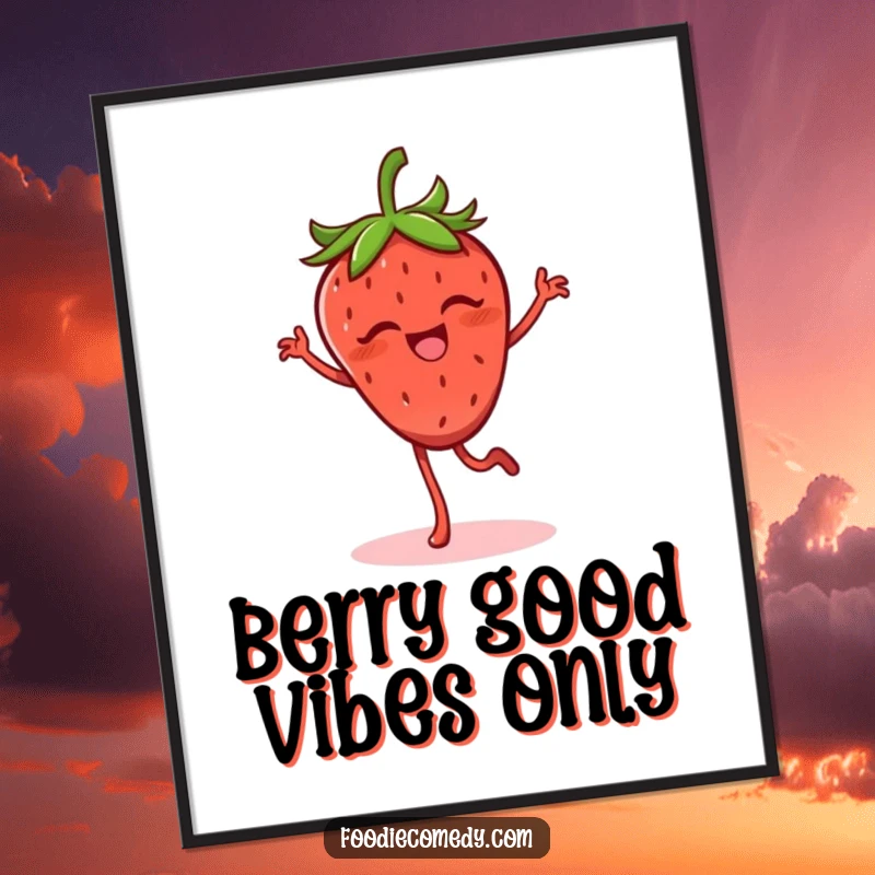 Funny Free Printable Wall Art of a giggling strawberry with legs doing a lively flamenco dance.