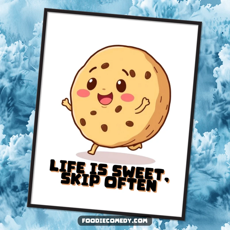 Funny Free Printable Wall Art: Smiling cookie doing a happy little skip, full of sweet delight. A charming and humorous decorative piece.