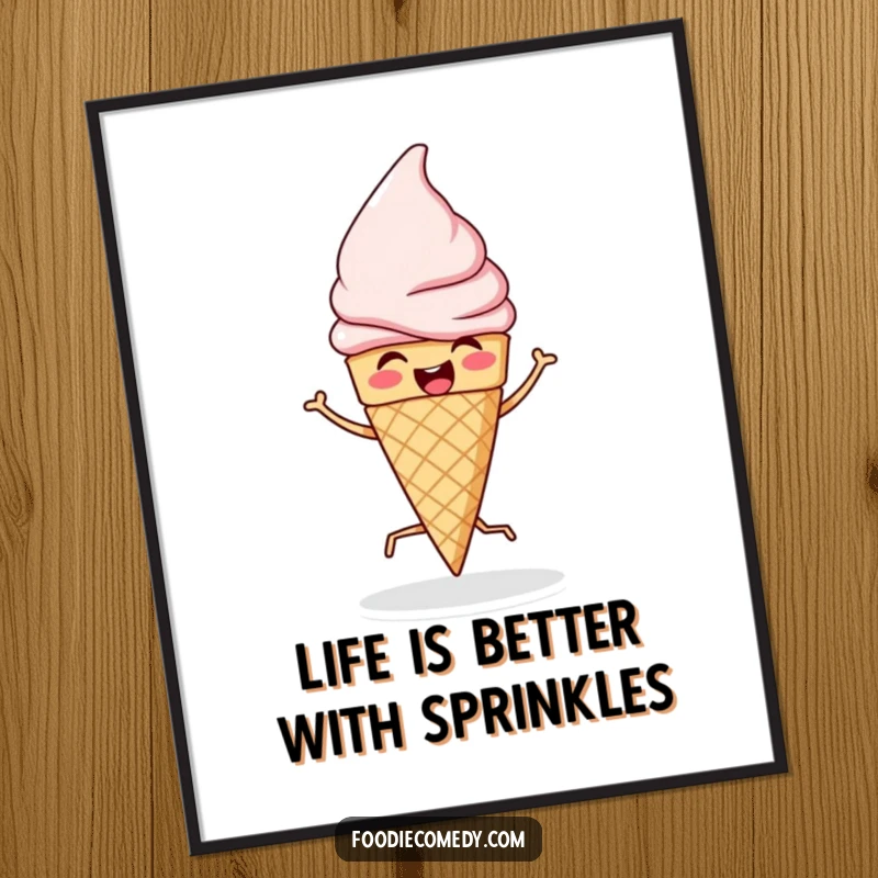 Funny Free Printable Wall Art: A happy ice cream cone performing a lively jig, full of sweet energy.