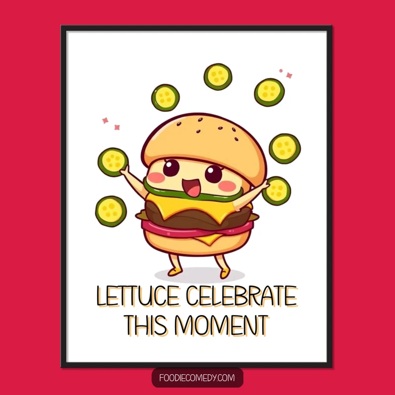 Free Printable Wall Art: Funny Kawaii Burger Juggling Pickles - Downloadable Decor