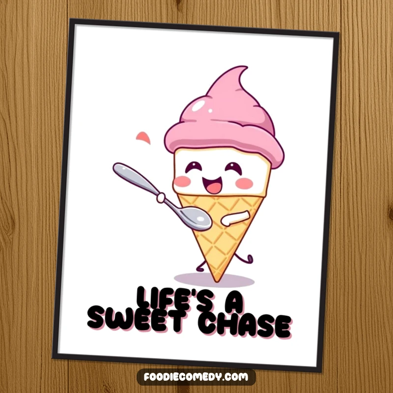Funny Free Printable Wall Art: A cute kawaii ice cream cone is giggling while being playfully chased by a spoon.