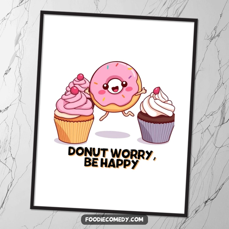 Funny Free Printable Wall Art: A whimsical kawaii donut with little legs, energetically leaping between delicious cupcakes, adding joy.