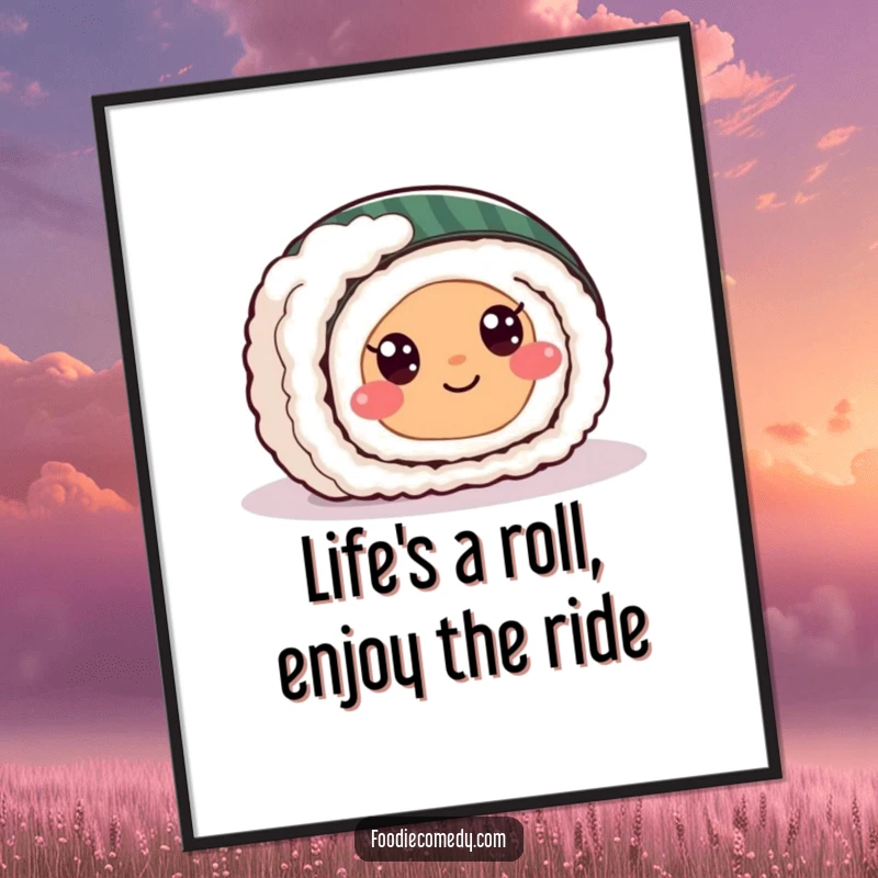 Funny Free Printable Wall Art: Adorable sushi roll with eyes slides happily across a surface, bringing cheer.