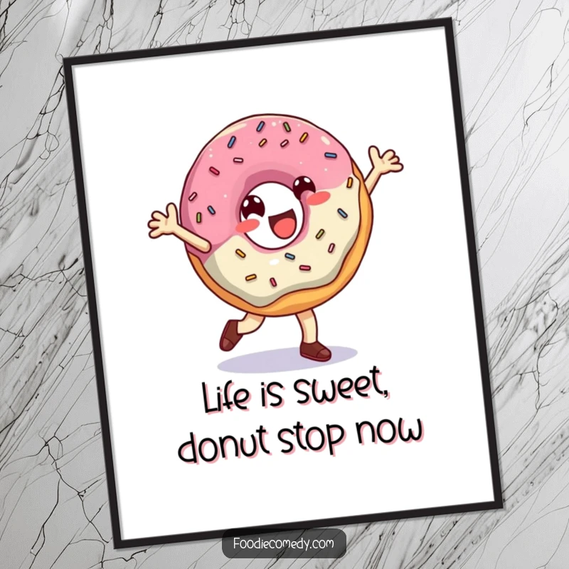 Funny Free Printable Wall Art: A cheerful donut in a dynamic breakdance pose, surrounded by flying sprinkles.
