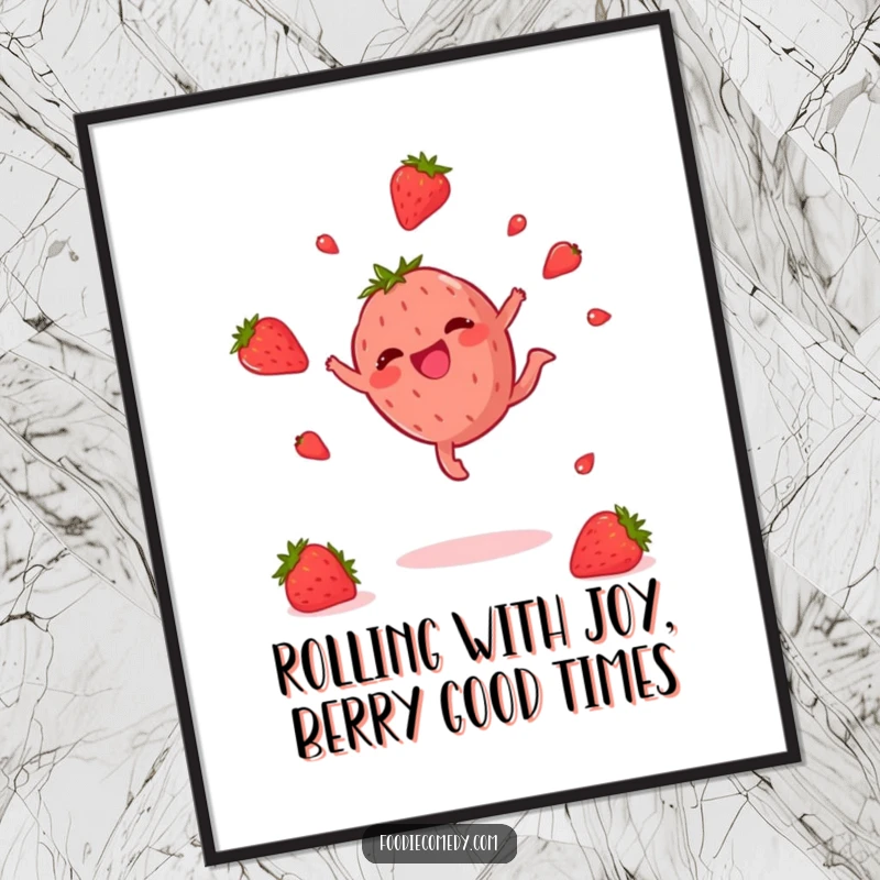 Funny Free Printable Wall Art: A vibrant strawberry doing an energetic cartwheel, spreading cheer and seeds.