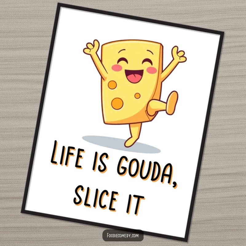 Funny Free Printable wall art: A smiling cheese wedge in mid-air, performing an enthusiastic high kick. Quirky downloadable art.