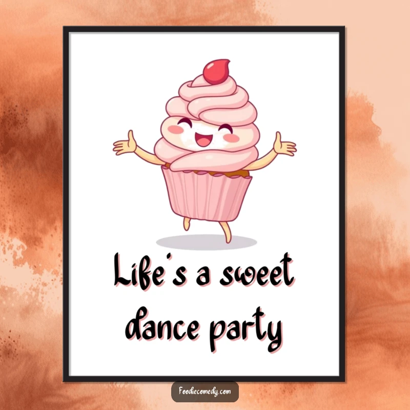 Funny Free Printable Wall Art: A delighted cupcake with vibrant frosting, charmingly executing a whimsical folk dance.