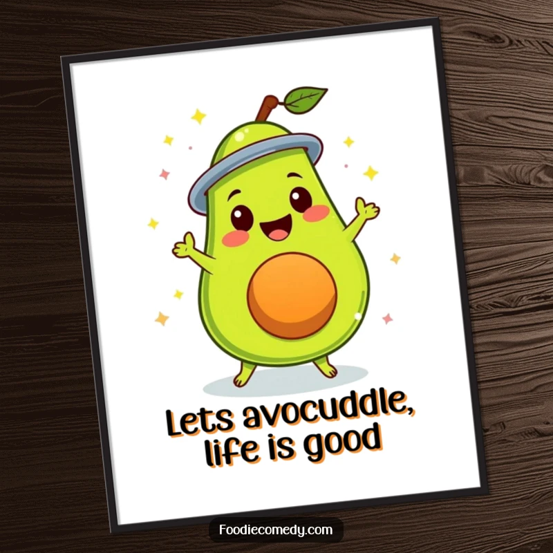 Funny Free Printable wall art: A delighted avocado in a disco pose, spinning with joy. Retro downloadable art.