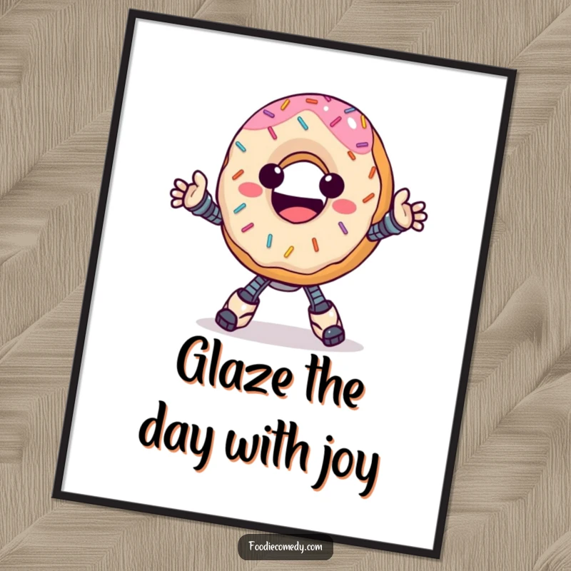 Funny Free Printable Wall Art: A happy donut with vibrant sprinkles performs a groovy robot dance with a smile.