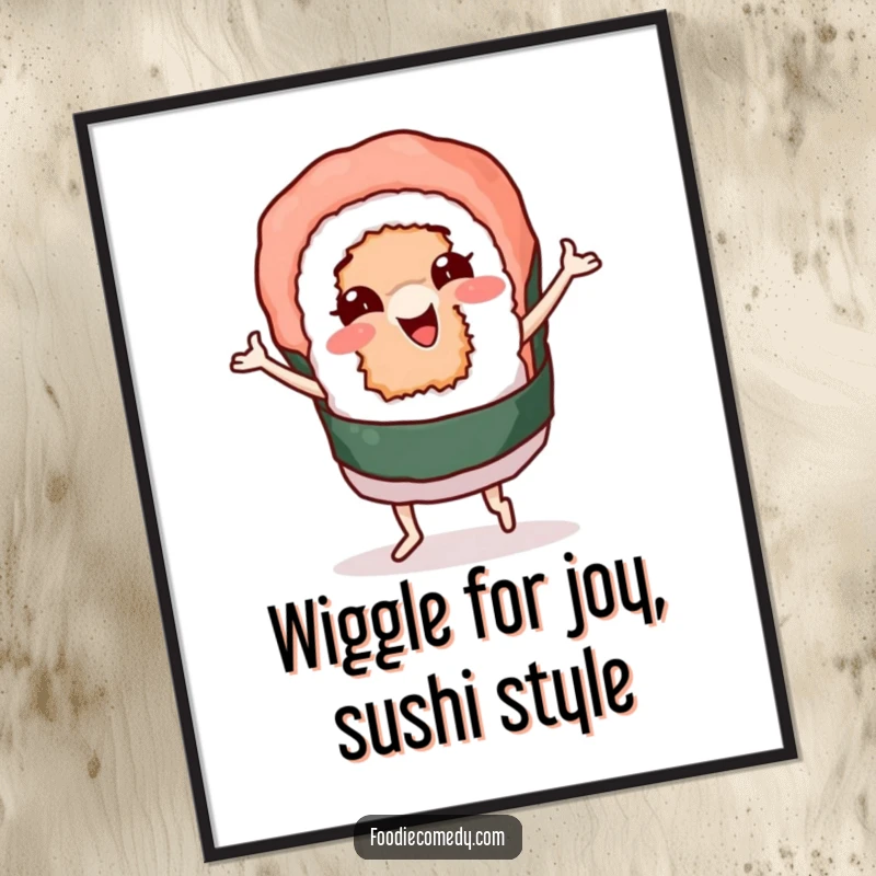Funny Free Printable Wall Art: A sushi roll character wiggling joyfully, performing a groovy dance.