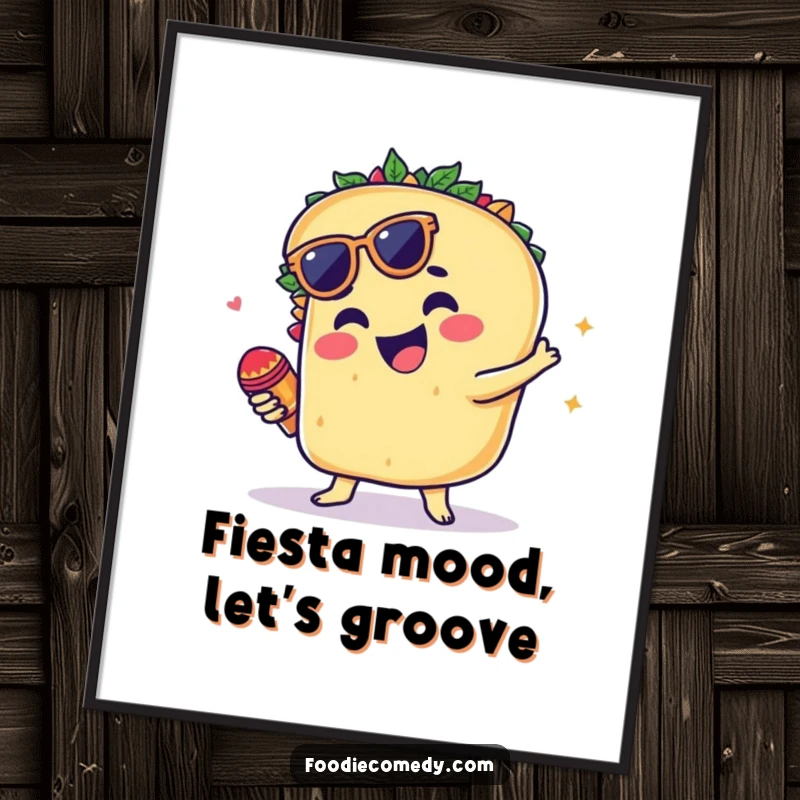 Funny Free Printable Wall Art: A groovy taco dancing energetically with tiny maracas, radiating pure fun and a festive spirit.
