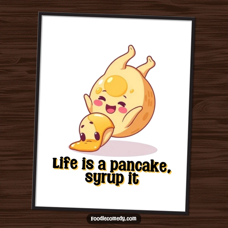 Funny Free Printable Wall Art: A cheerful pancake executes a perfect somersault, syrup flying, adding kitchen joy.