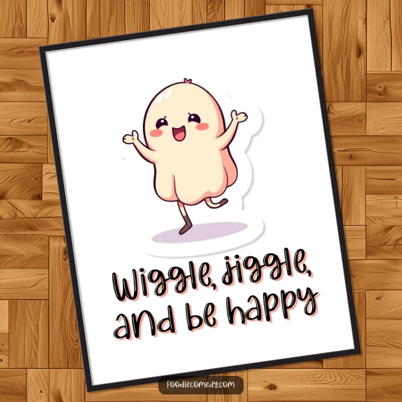 Funny free printable wall art of a wobbly jelly character performing an enthusiastic and slightly chaotic jig.