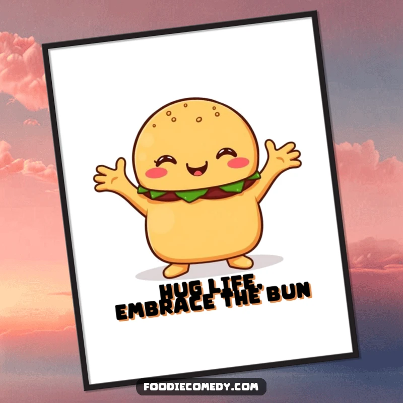 Funny free printable wall art: a smiling burger with its arms open wide, offering a friendly hug.